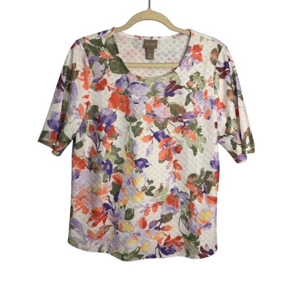 Chico's Blouse Women's Medium Floral Textured Botanical Watercolor Chicos 1